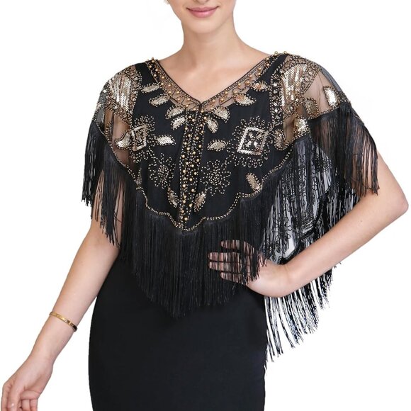 beaded shawls for dresses BABEYOND 1920s Sequin Beaded Evening Shawls, Retro Bridal Shawls, Moss Gray main image 1